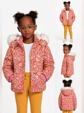 Girls Puffer Coat with Faux Fur Trim Hood, Size 12 NWT